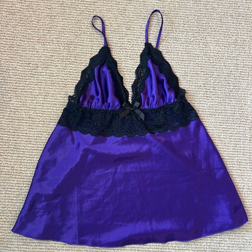 Luxurious Purple Chemise with Black Lace Trim